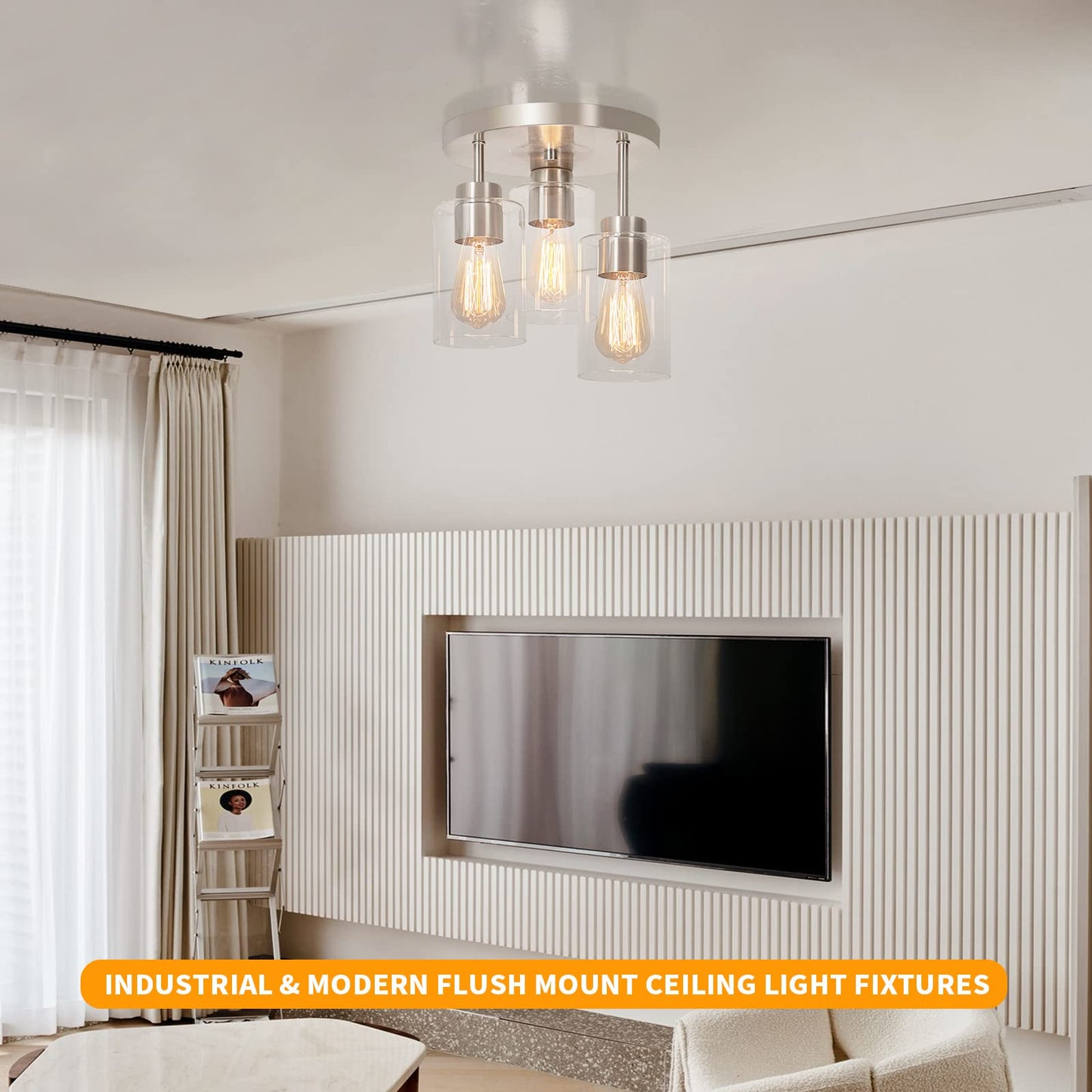 foucasal Semi Flush Mount Ceiling Light 3-Light Brushed Nickel Flush Mount Ceiling Light Fixtures with Clear Glass Shade, Modern Kitchen Ceiling Light for Bedroom Stairs Porch Hallway Entryway