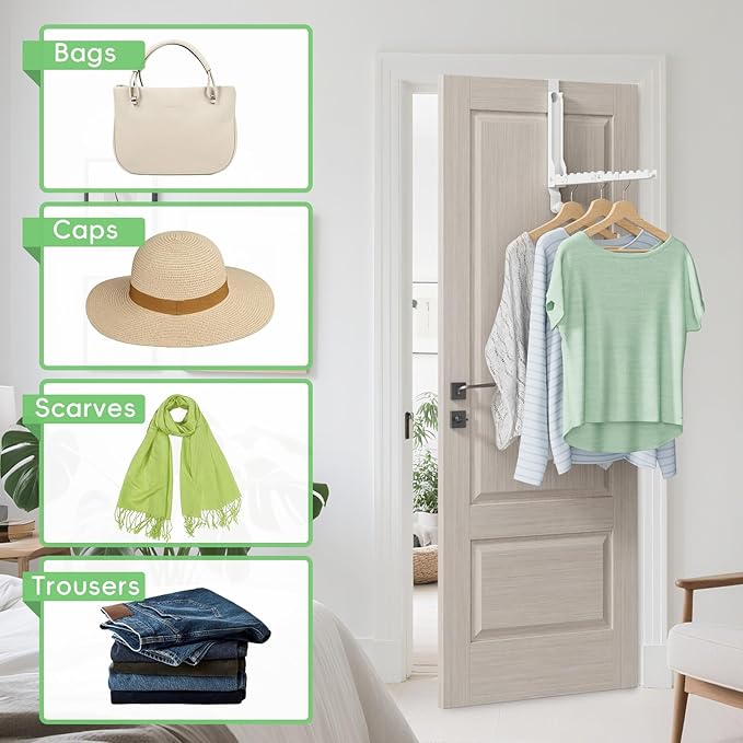 Over The Door Hooks, Extended Over The Door Clothes Hanger with 11 Ridges,Space-Saving Over The Door Rack,Door Hooks for Hanging Clothes,Larger Capacity Over The Door Hanger (2, White(Update))