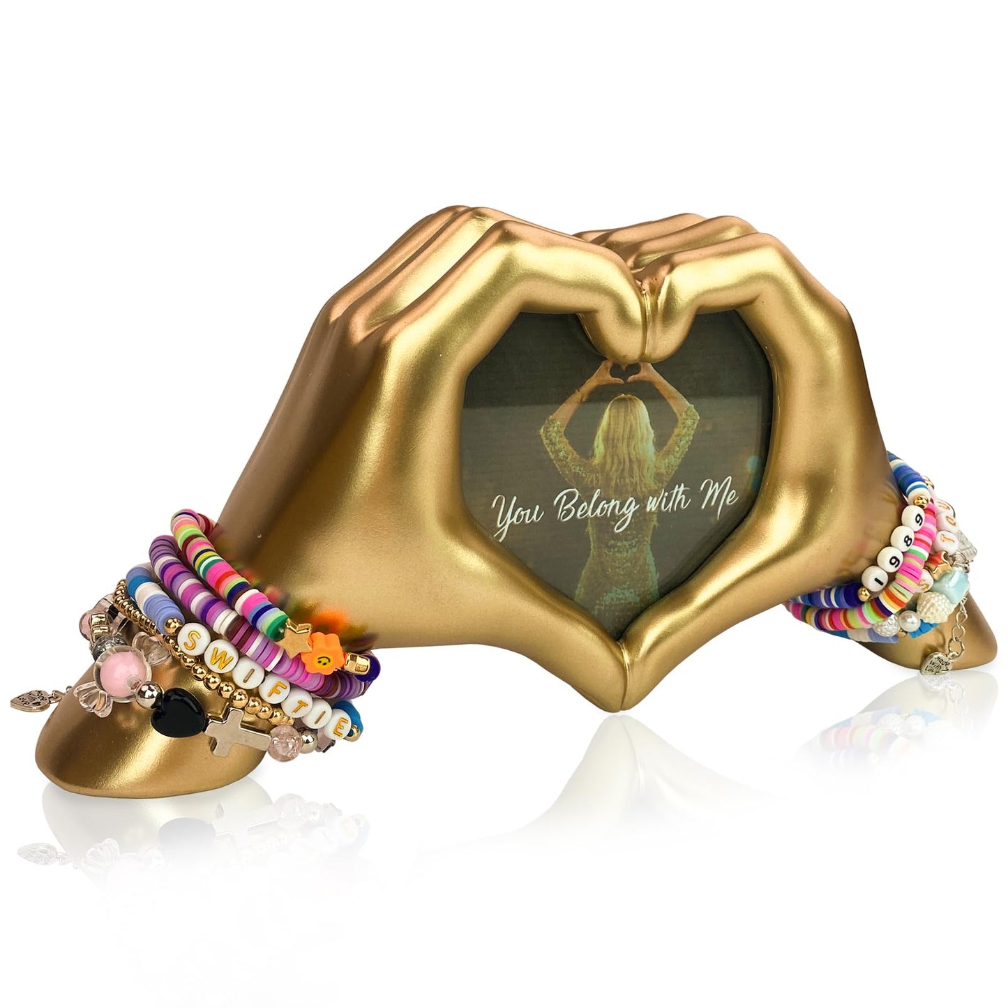 GUSFREUD Gold Heart Hands Sculpture with Picture Frame, Unique Wedding Gift Idea for Couples, Romantic Anniversary Statues for Women, Wife, Her