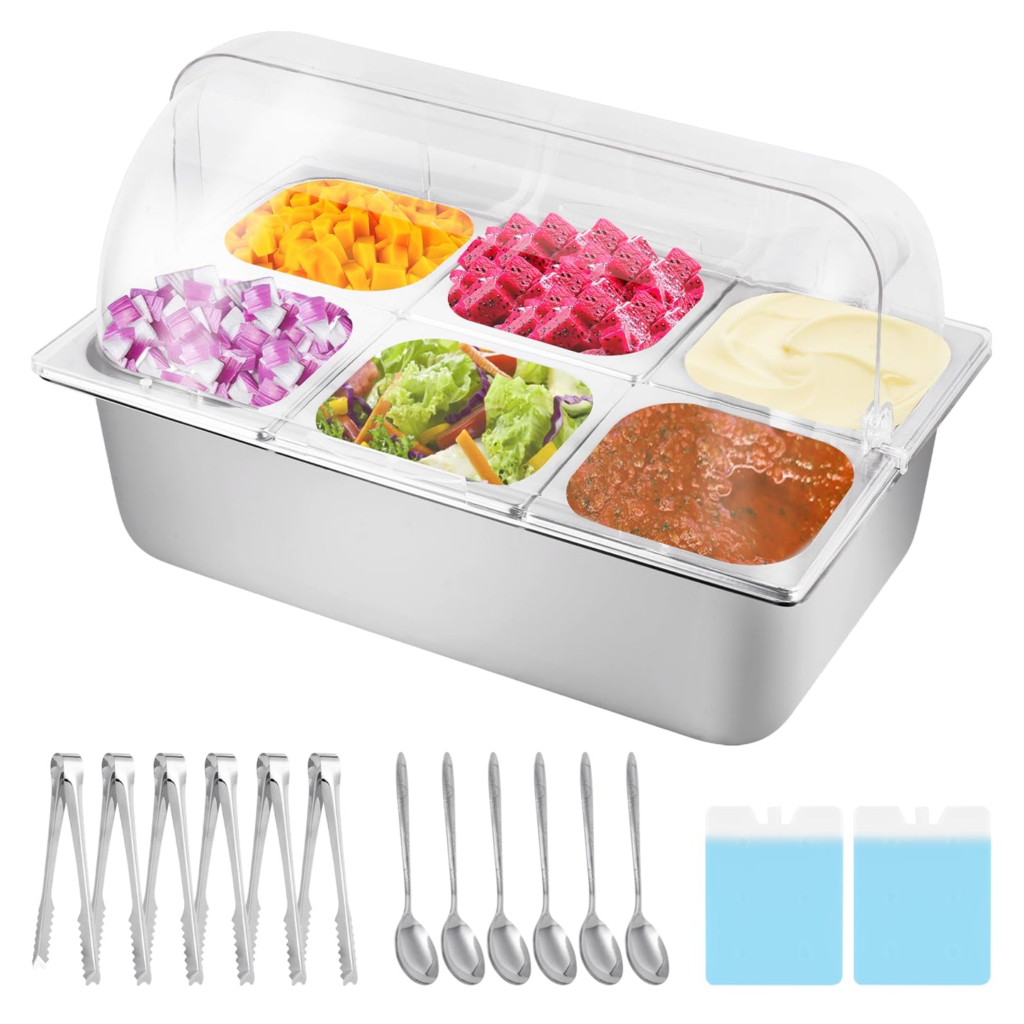 YMJOINMX Cold Food Buffet Server 9.6Qt (6 Pans×1.6Qt) with Ice Packs for Salad Pizza Sauce Colded Serving Trays Condiments Containers for Parties Buffet