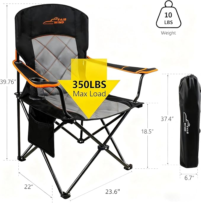 FAIR WIND 2 Pack Oversized Fully Padded Camping Chair Heavy Duty Quad Fold Arm Chair Support 350 LBS with Cup Holder, Collapsible Lumbar Back Chair Portable for Outdoor, Black
