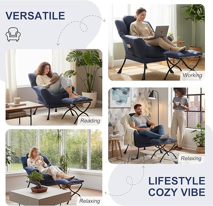 Furlide Lazy Chair with Ottoman, Modern Lounge Chair with Lumbar Pillow, Accent Cozy Reading Armchair and Folding Footstool for Bedroom, Dorm, Living Room,Navy