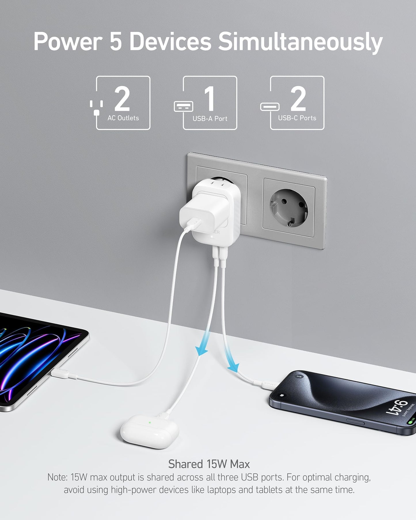 Anker European Travel Plug Adapter, 15W USB-C & 2 AC Outlets, Fits Type E/F Sockets, Compact for iPhone, iPad & More (Not Compatible with Type L/G Sockets)