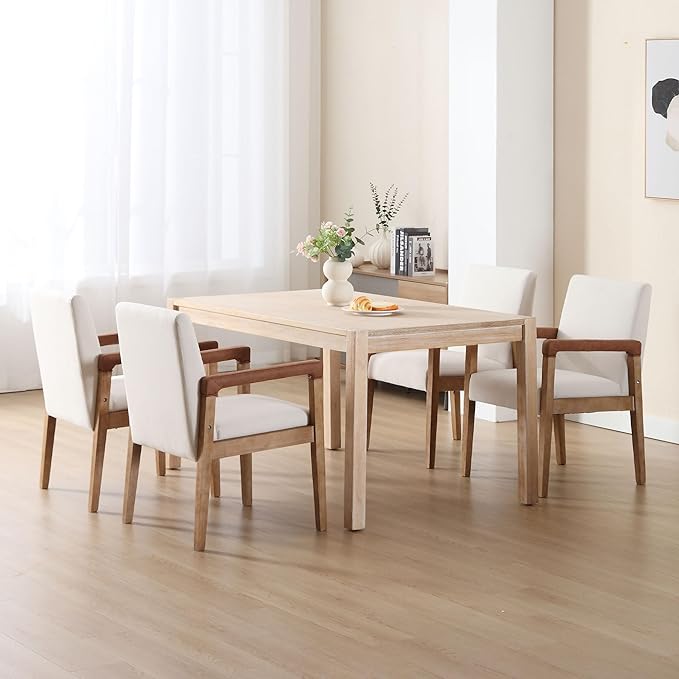 DM Furniture Mid Century Modern Dining Chairs Set of 4 Linen Fabric Upholstered Kitchen Chairs Comfy Accent Side Chairs with Solid Wood Frame Armchair for Living Room, Ivory