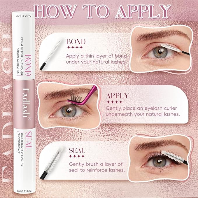FADLASH Lash Bond and Seal 12ml Cluster Lash Glue for Eyelash Clusters Waterproof Eyelash Glue for DIY Eyelash Extensions Strong Hold