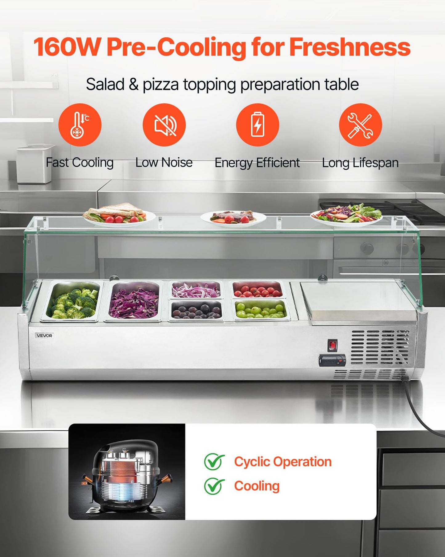 VEVOR Refrigerated Condiment Prep Station, 130 W Countertop Refrigerated Condiment Station, with Two 1/3 Pans & Four 1/6 Pans, 304 Stainless Body and PC Lid, Sandwich Prep Table with Glass Guard