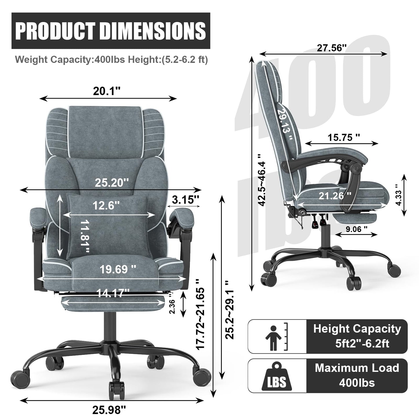 Executive Office Chair with Footrest, Ergonomic Reclining Computer Desk Chair with Adjustable Lumbar Support, 360° Swivel, Breathable Fabric, 400lbs Capacity for Home & Office