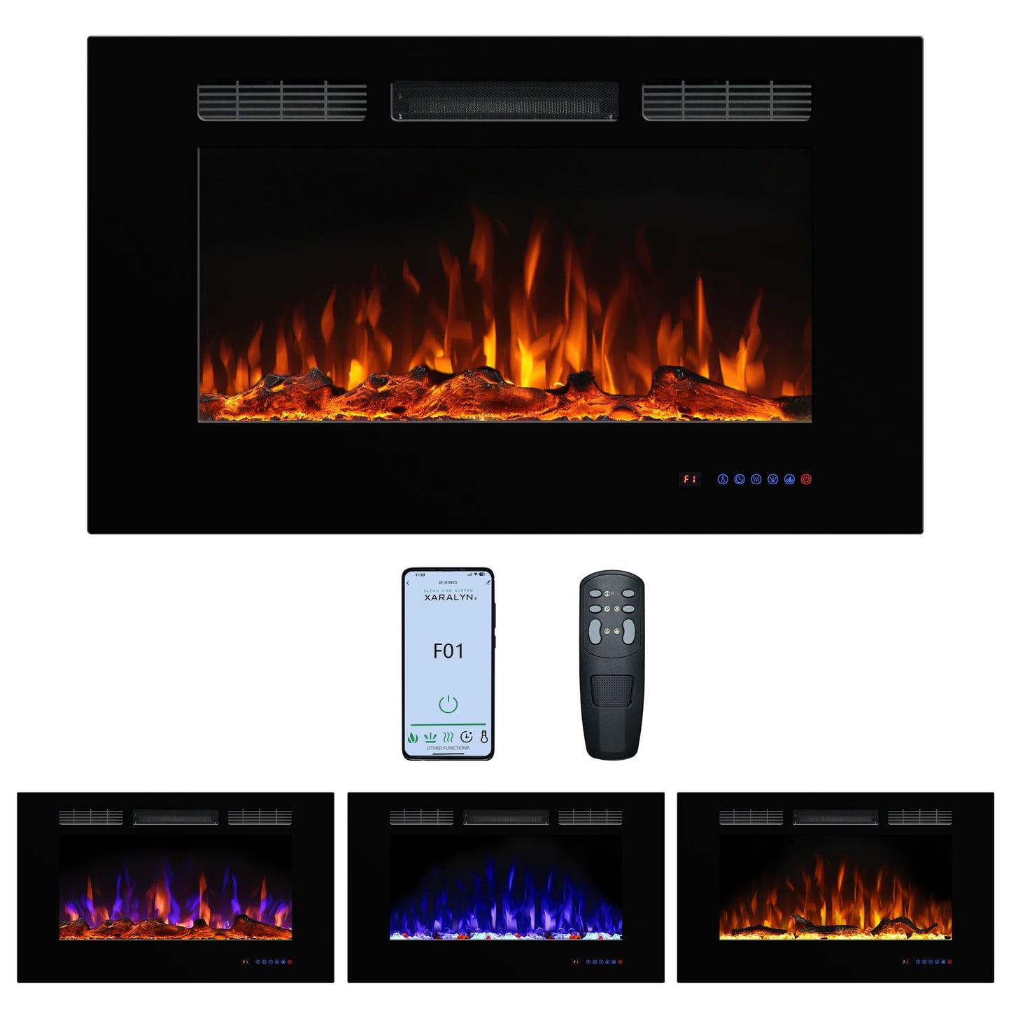 Dreamflame Electric Fireplace 36inches, Wall-Mounted & Recessed Fireplace Inserts, Multicolor Flame w/5 Dimmer, Remote Control Thermostat, Timer, Overheating Protection, Hardwire Connect, 1500W,Black