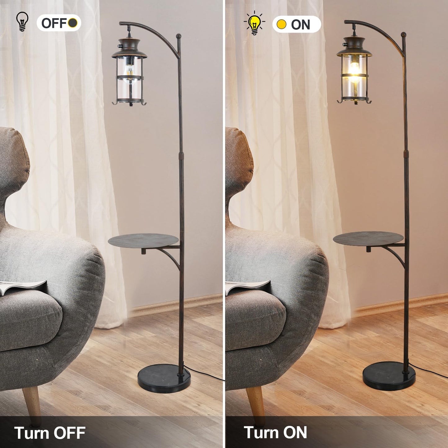 beaysyty Farmhouse Retro Adjustable Floor Lamps with Tray Lantern Tall Standing lamp for Bedroom Home Decor for Office Living Room Bedroom, Knob Switch (Rust)
