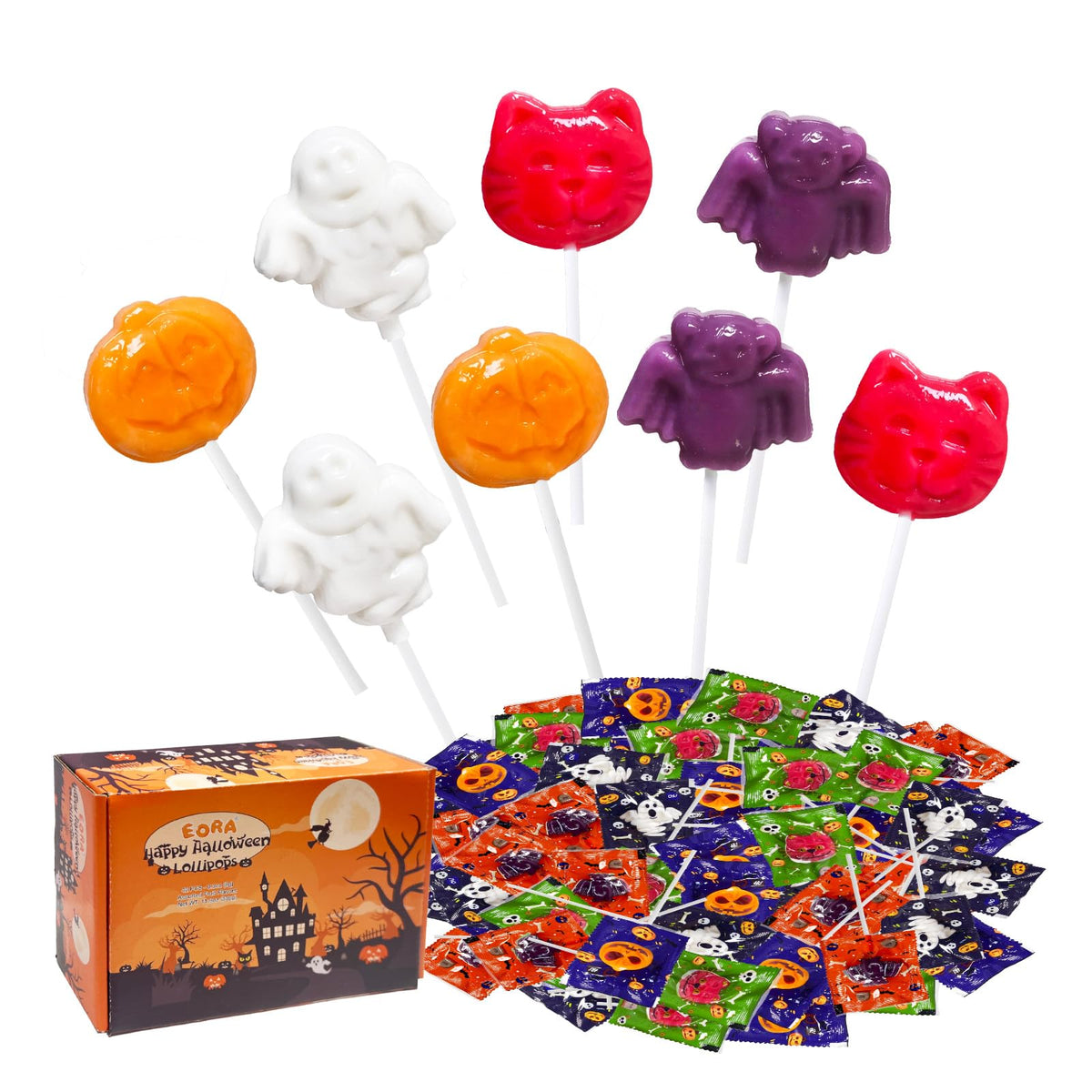 Halloween Lollipop Suckers Candy 42 Pack, Spooky Candy Lollipops, Pumpkin, Bat and Cat Candies Sucker Lollipops Individually Wrapped for Halloween Goody Bag Fillers - Trick or Treat