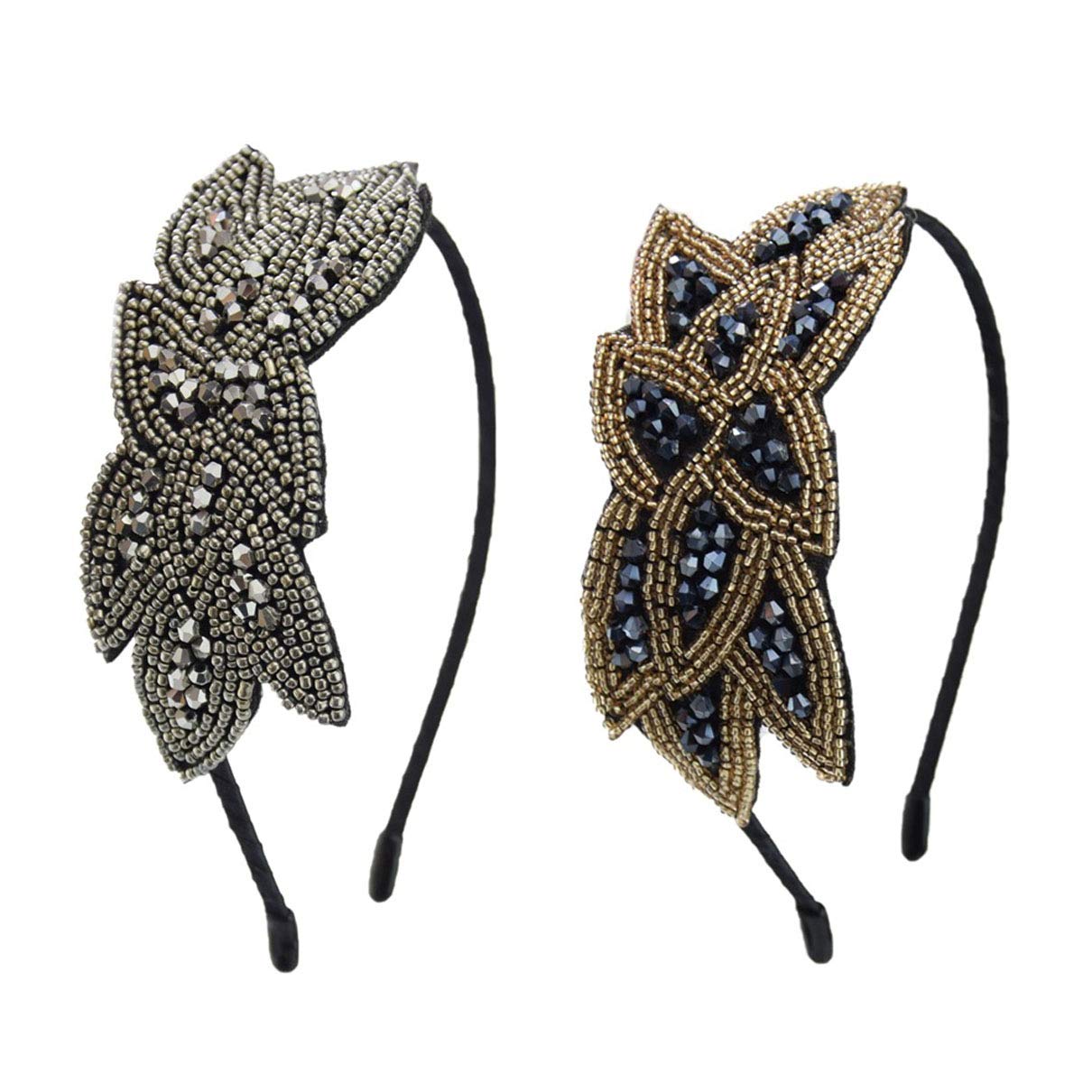 2 PCS Handmade Beaded Leaf Headband Vintage Rhinestone Hairband Hair-Band Headwear Accessories for Women Lady Girls (Navy Blue+S