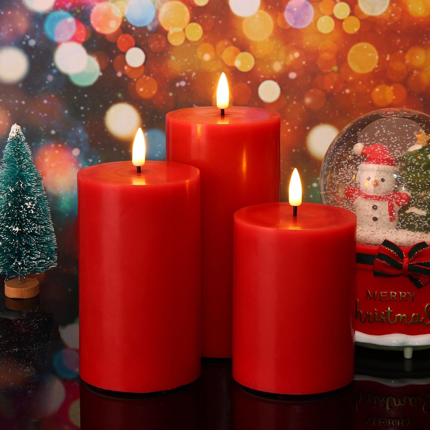 Eywamage Red Christmas Flameless Pillar Candles with Remote, Flickering Battery Operated LED Wax Candles Set of 3