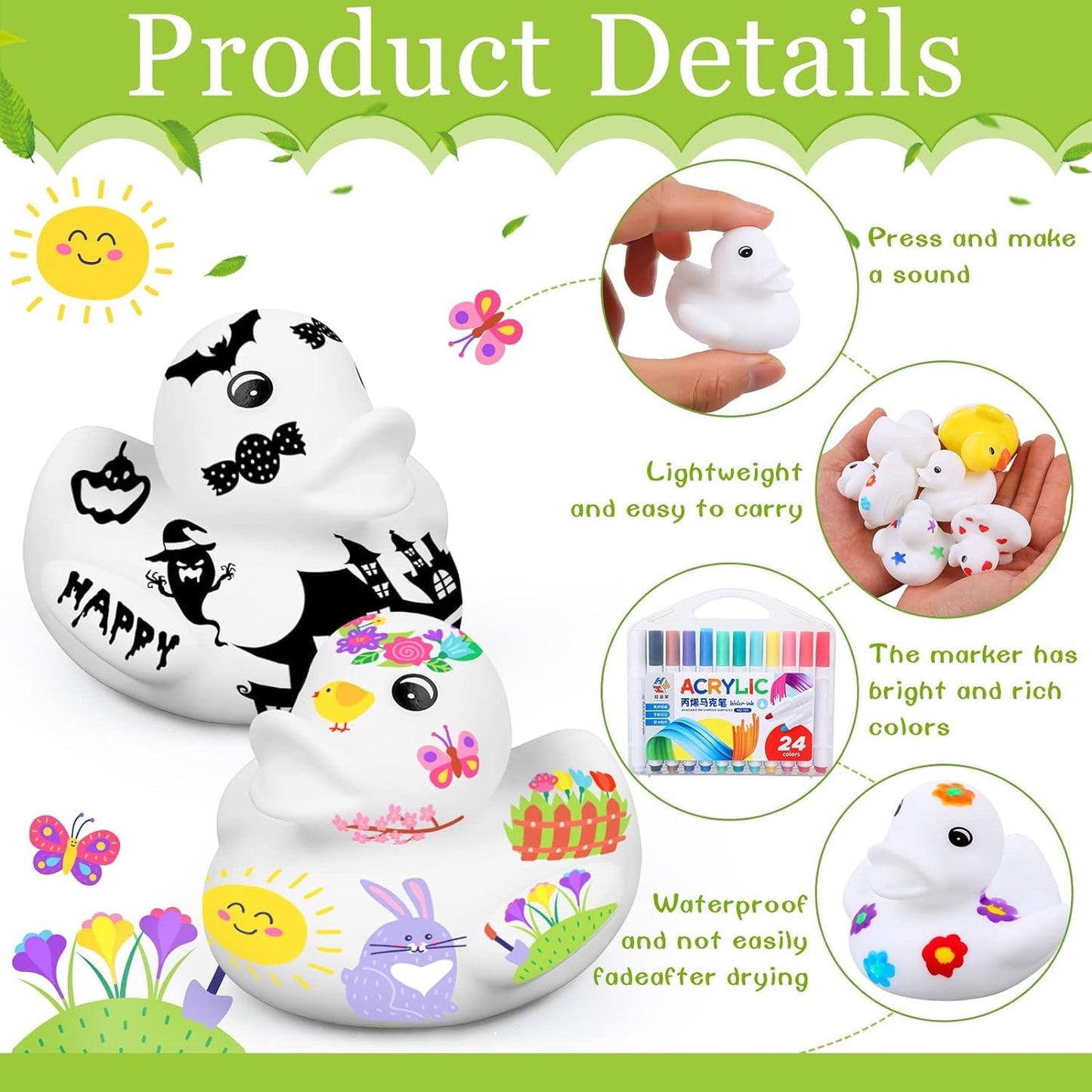 50 Pcs 2 Inch White Blank Rubber Ducks in Bulk DIY Fall Halloween Ducks with Pens of 24 Colors Float Squeak Funny for Pool Bathtub Float Cute Ducks Birthday Gift Baby Activities Themed Party Favor