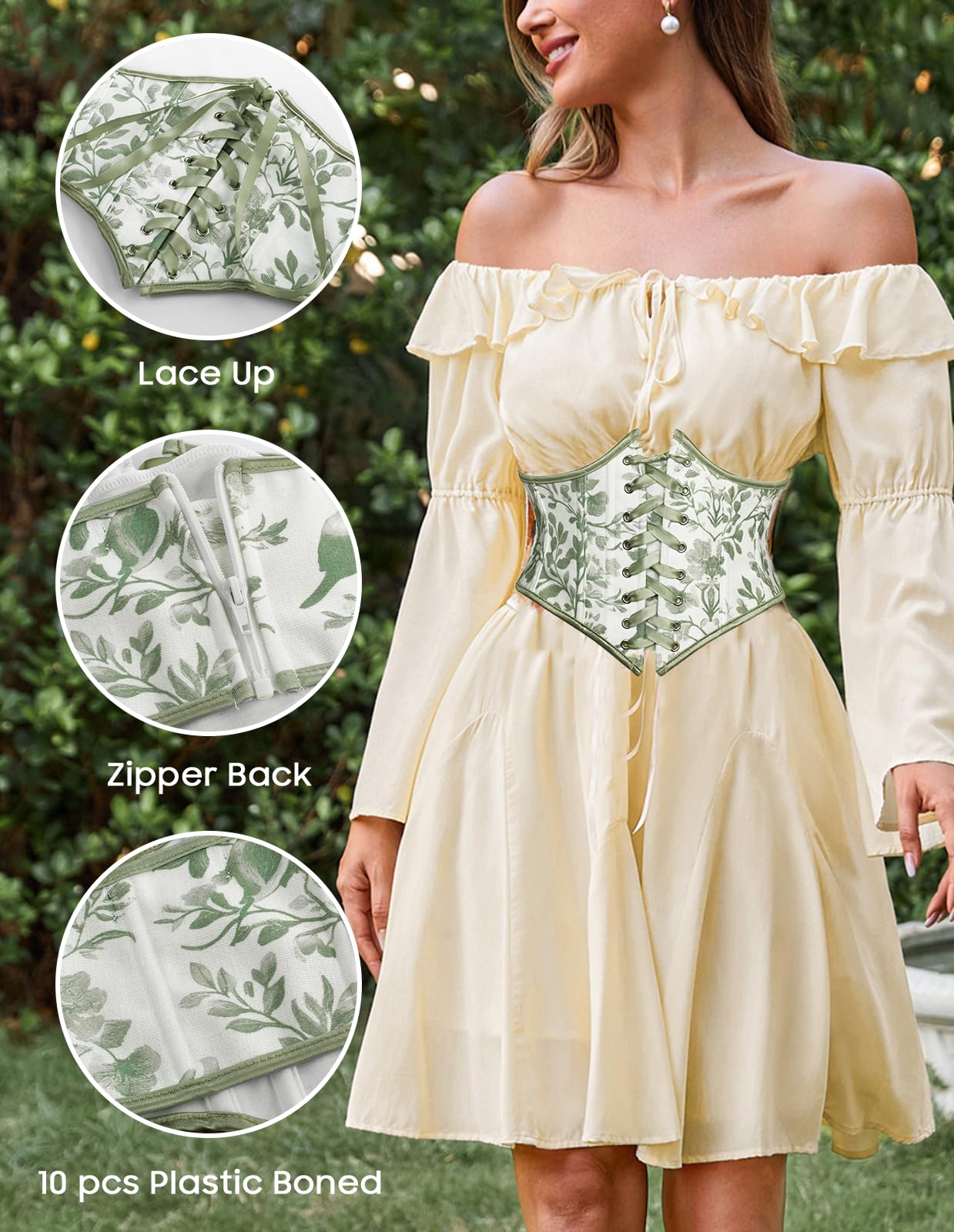 Scarlet Darkness Corset Belts for Women Renaissance Underbust Boned Lace Up Bustier Waspie Belt Pirate Corset Green 16