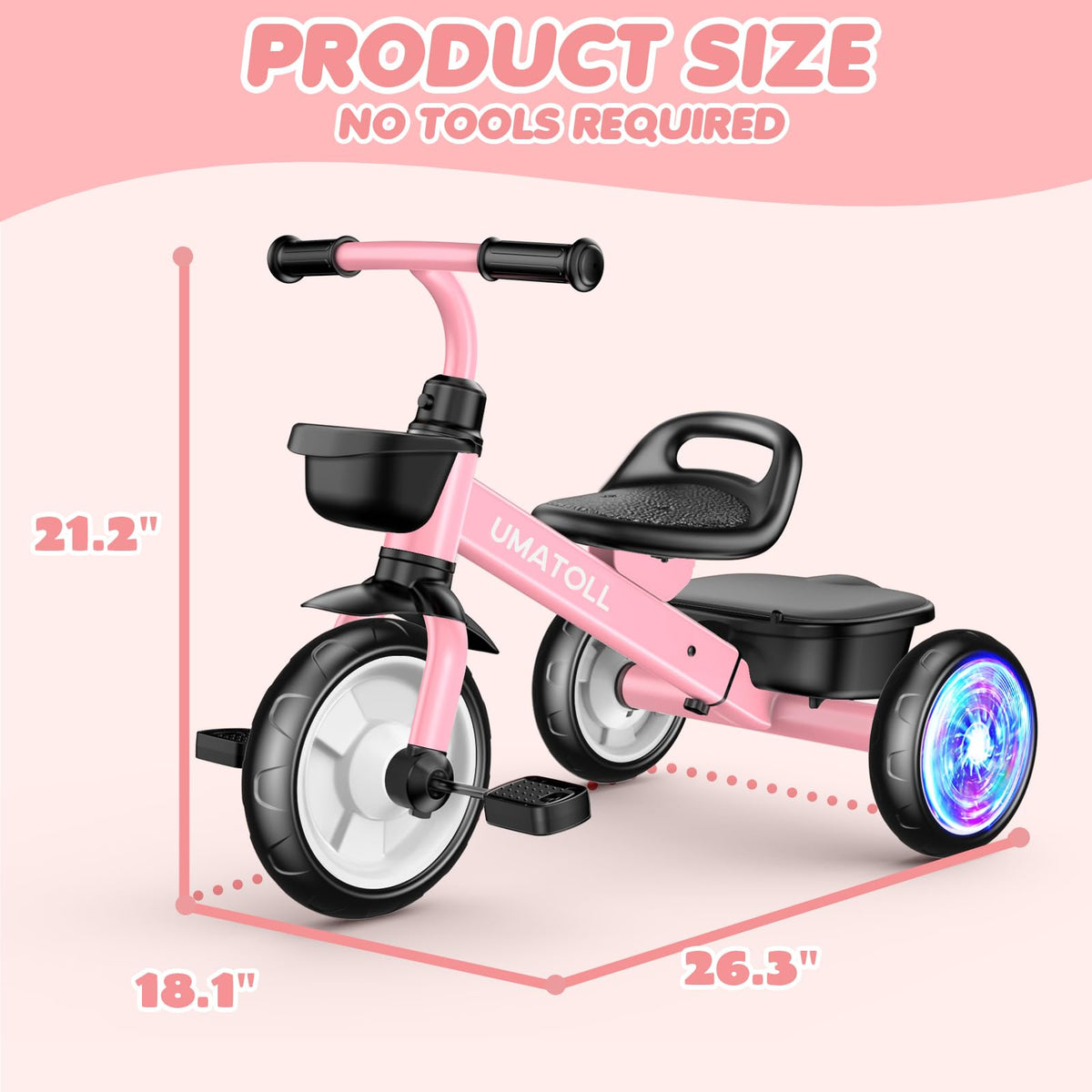 Umatoll Tricycle for Toddlers 2-5 Year Old, Ajustable Toddler Bike Outdoor Toys, Birthday Gift for Girl Age 2-4, Trike with Light up Wheels