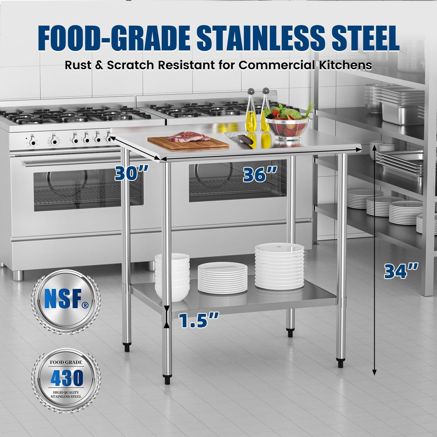 Chingoo Stainless Steel Work Table 30x36 Inch with Adjustable Undershelf & Backsplash, Heavy-Duty Prep Table for Commercial Kitchen, Restaurant, Garage, Outdoor