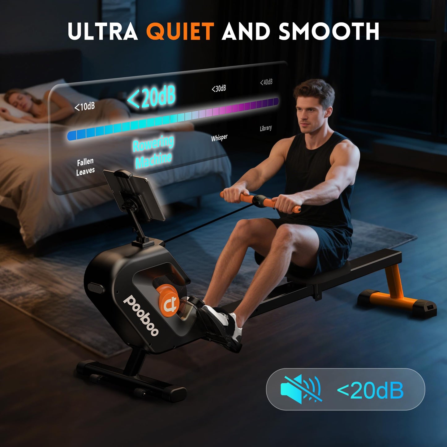 pooboo Rowing Machine, Max 350 LBS Magnetic Rower with LCD Monitor, Tablet Holder, Upgraded Rowing Machines for Home use (Orange)