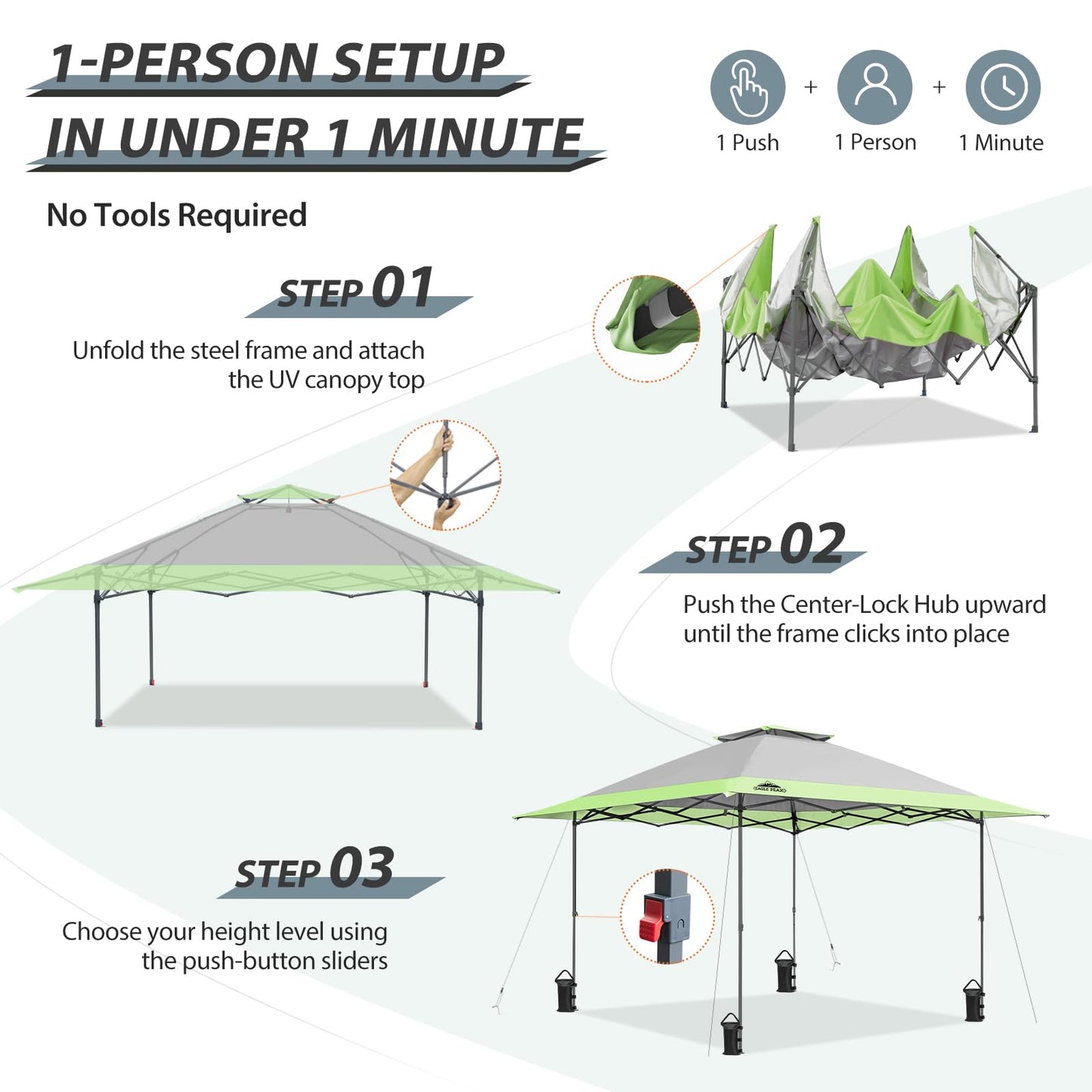 EAGLE PEAK 13x13 Straight Leg Pop Up Canopy Tent Instant Outdoor Canopy Easy Single Person Set up Folding Shelter w/Auto Extending Eaves 169 Square Feet of Shade (Gray)