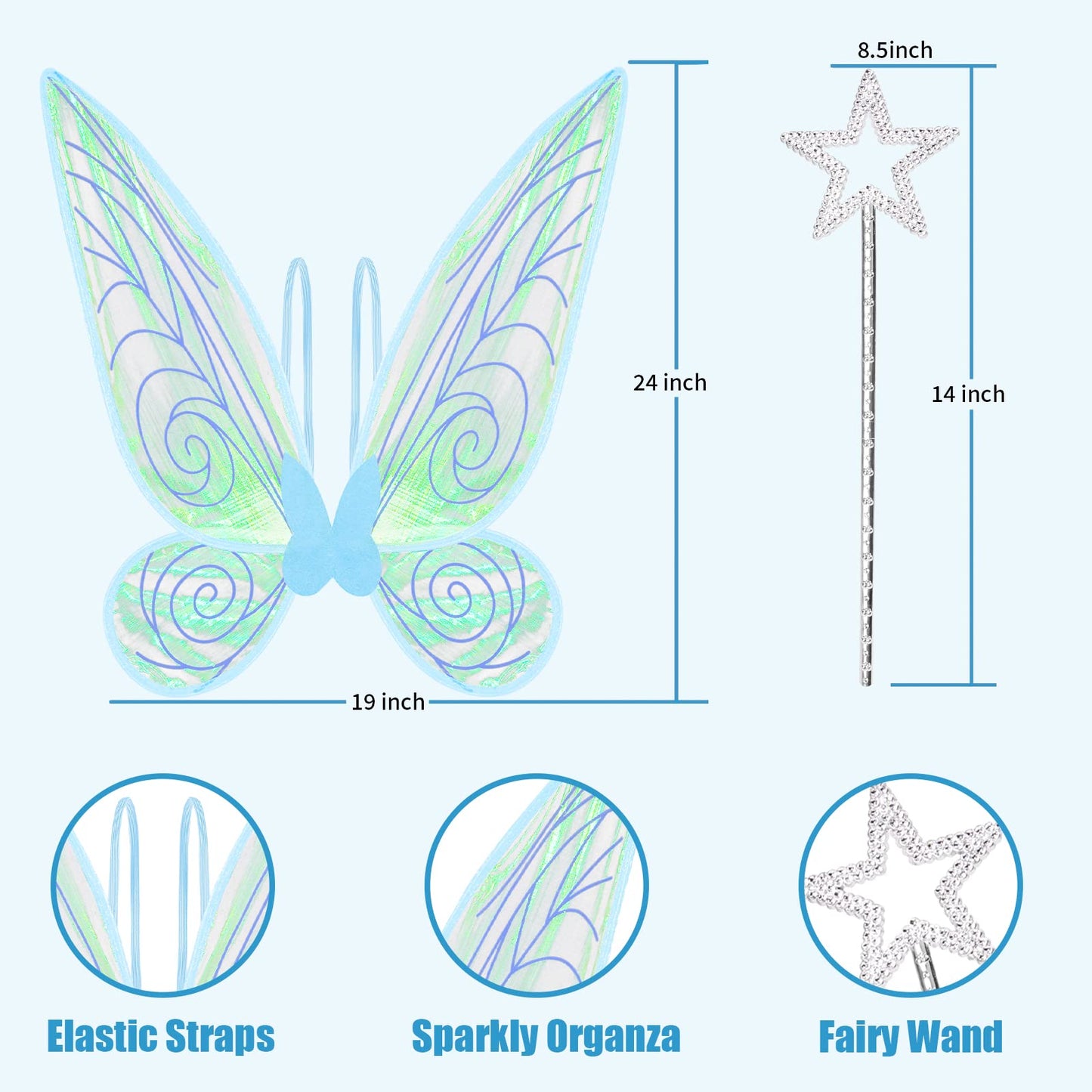 U-Goforst Light Up Fairy Wings for Adults- Butterfly Wings for Girls Women, Halloween Costume Cosplay Dress Up, Sparkly LED Wings with Wand, Blue with Blue Light