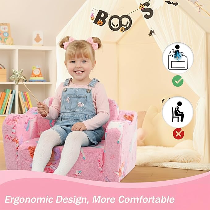 MeMoreCool Folding Toddler Chair, Glow-in-The-Dark Soft Plush Kids Fold-Out Couch Sofa, Comfy Baby Recliner for Girls and Boys (Pink Fairy)