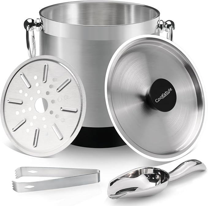 COOKSTYLE Double-Wall Stainless Steel Insulated Ice Bucket With Lid & Ice Tong [3 Liter] Included Strainer Keeps Ice Cold...