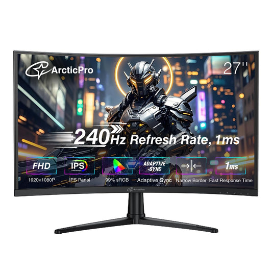 ArcticPro 27inch 240Hz Curved Gaming Monitor, FHD 1080p, 1ms Response Time, 4000:1 Contrast, PC Monitor, Adaptive sync, 3-Sided Frameless, Ultra Slim, 120% sRGB, Bluelight Filter,HDMI & DP Ports