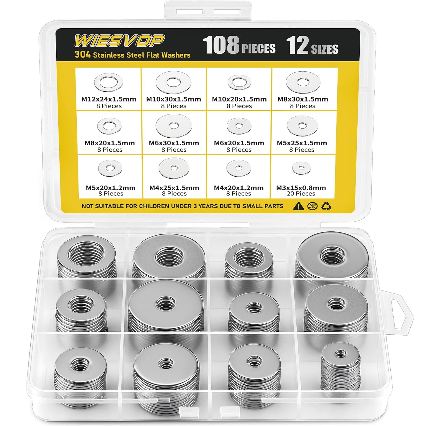 WIESVOP 108Pcs 304 Stainless Steel Flat Washers, Fender Washers Assortment Kit 12 Sizes (M3-M12) Metal Washers for Screws Bolts Large and Small Hardware for Various Home Industrial Automotive