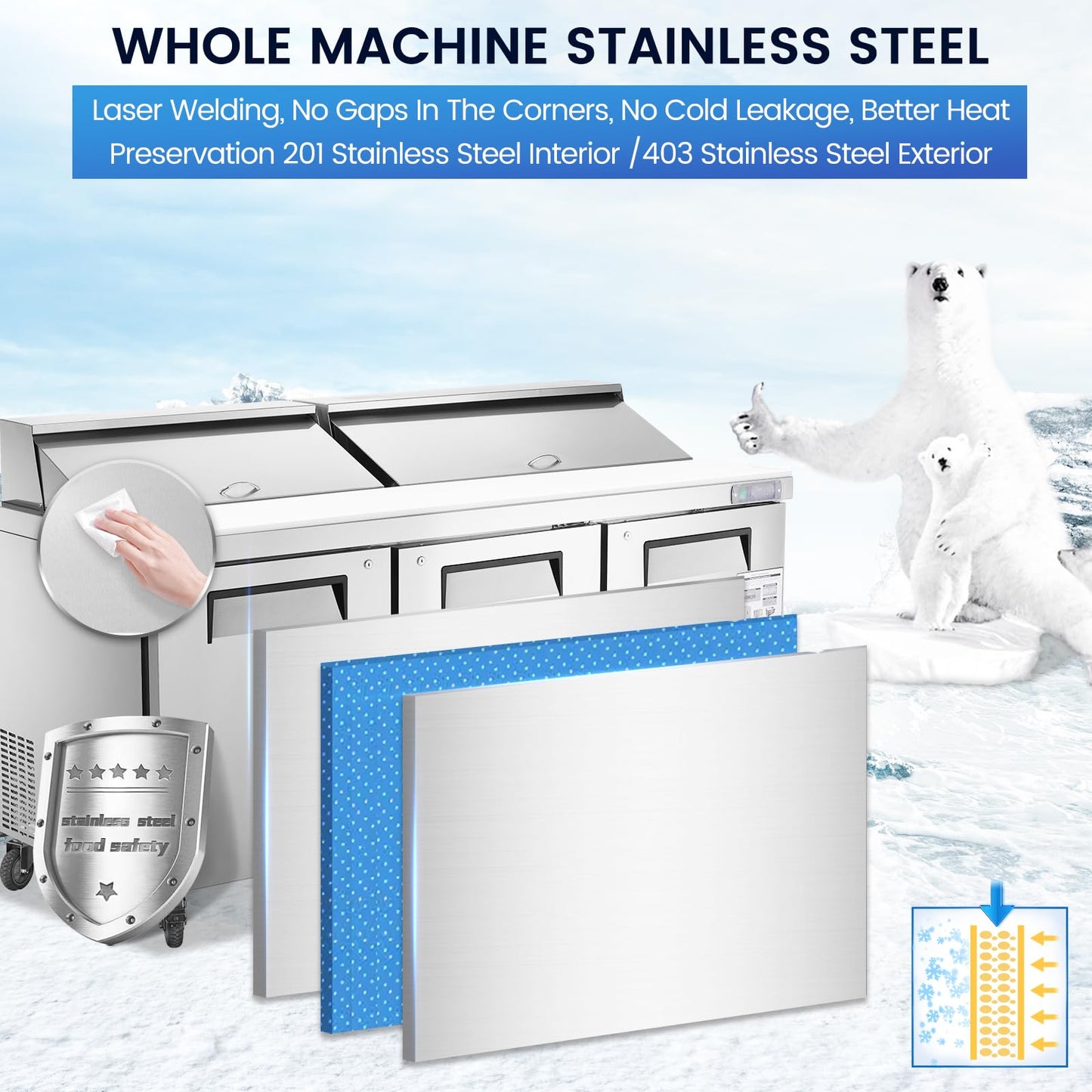 kalifon 72" W 3 Door Refrigerator Sandwich Salad Prep Table Commercial Stainless Steel Fan Cooling Refrigerator with Cutting Board, 3 Shelves & 18 Pans for Restaurant, Bar, Shop-20 Cu.ft