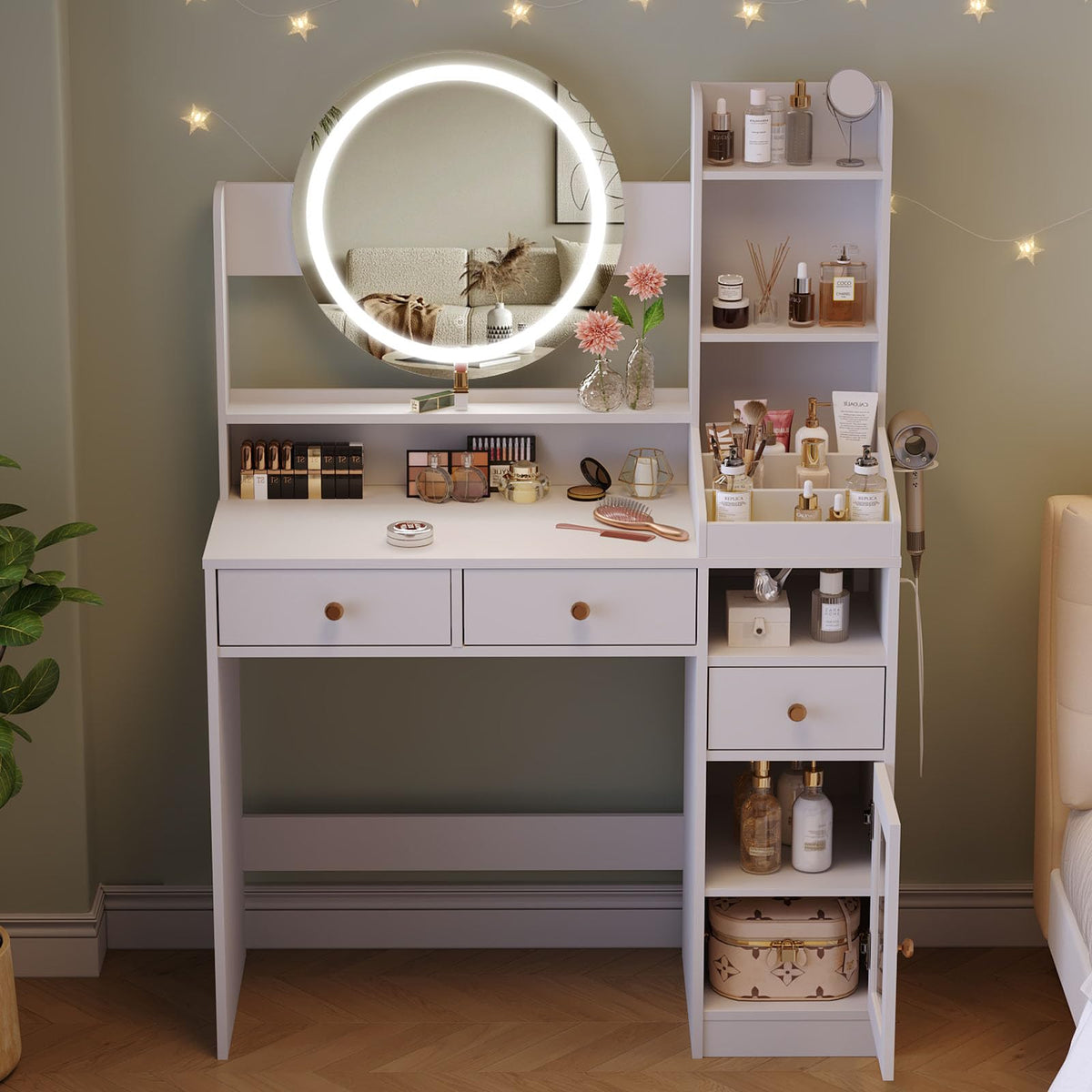 Vabches Vanity with Round Mirror and Lights,39 Inch Makeup Vanity Table with 3 Storage Compartments&Drawers,White Vanity with Glass Door Cabinet&Power Strip,Dressing Table for Bedroom