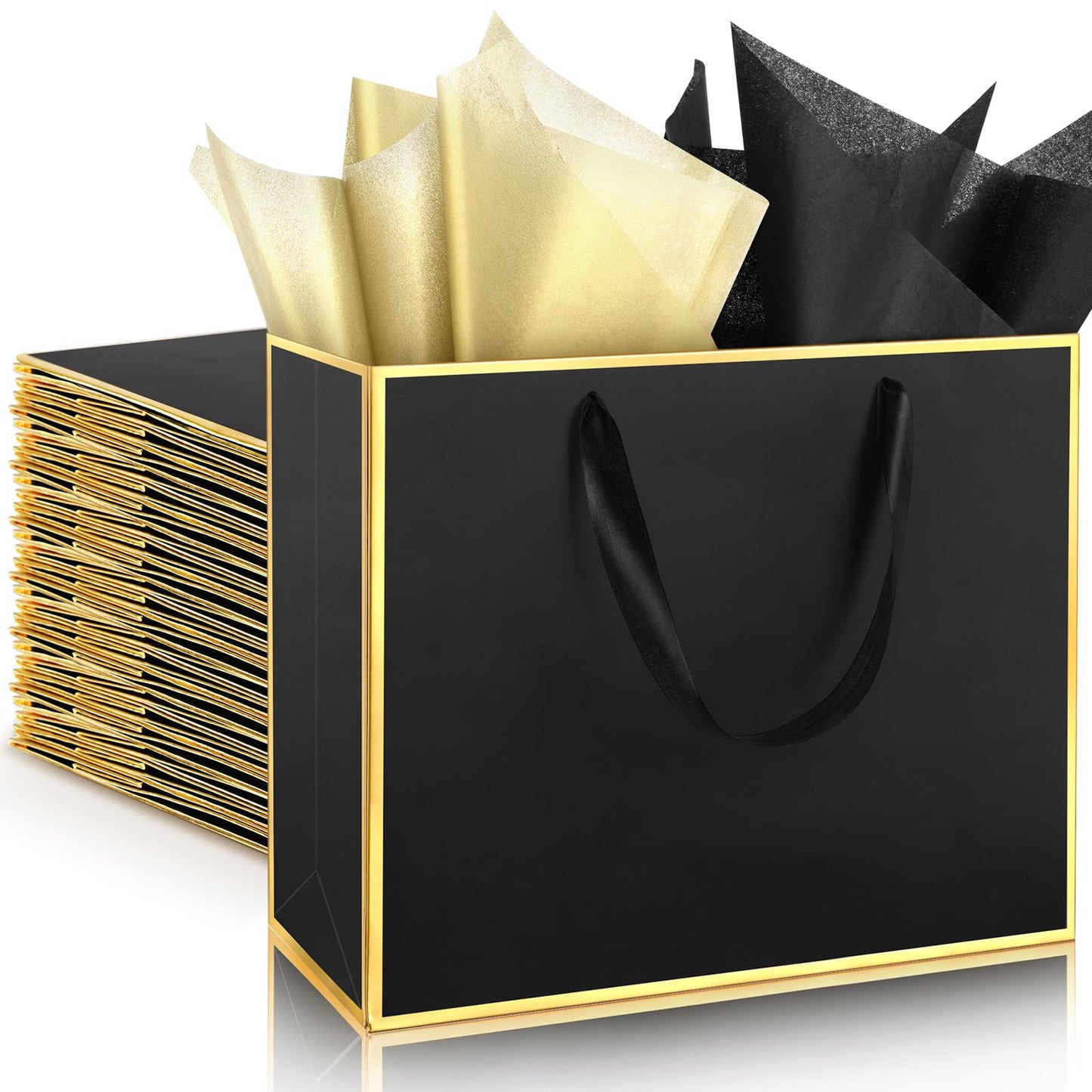 ReliThick 12 Pack 12 Pack Metallic Paper Gift Bag with Handles and Tissue Paper 11.8 x 10 x 4'' Thank You Favor Bag for Wedding Bridesmaid Groomsmen 5 Senses Birthday Gifts (Black,Gold)