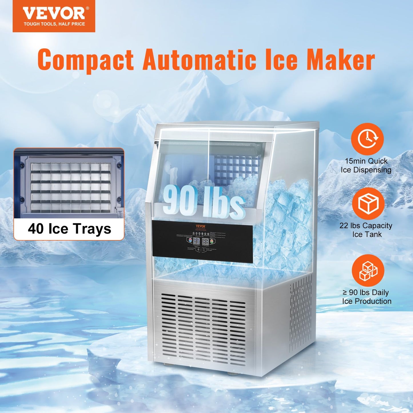 VEVOR Commercial Ice Maker Machine, 90LBS/24H Ice Machine with 22lbs Storage Capacity, 40 Ice Cubes Ready in 12-15 Minutes, Ice Maker Machine for Bar Home Office Restaurant