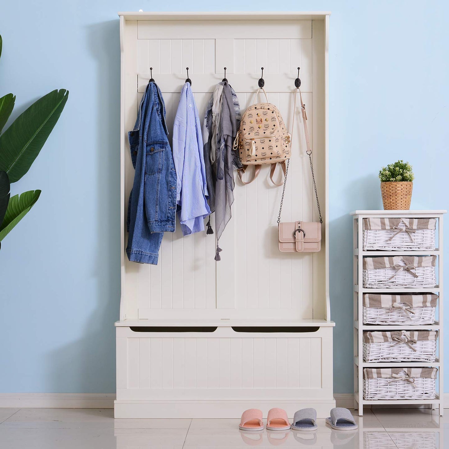 HOMCOM Hall Tree with Bench and Shoe Storage, 3-In-1 Entryway Bench with Coat Rack, 5 Hooks and Flip Top Storage Compartment, Cream White