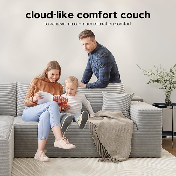 139.4" Modular Sectional Sofa, Oversized U-Shaped Minimalist Couches with 2 Middle Seats and 1 Ottoman Chaise, Modern Deep Seat Convertible Sleeper Sofa, Cloud Plush Corduroy Fabric,7 Seater, Grey