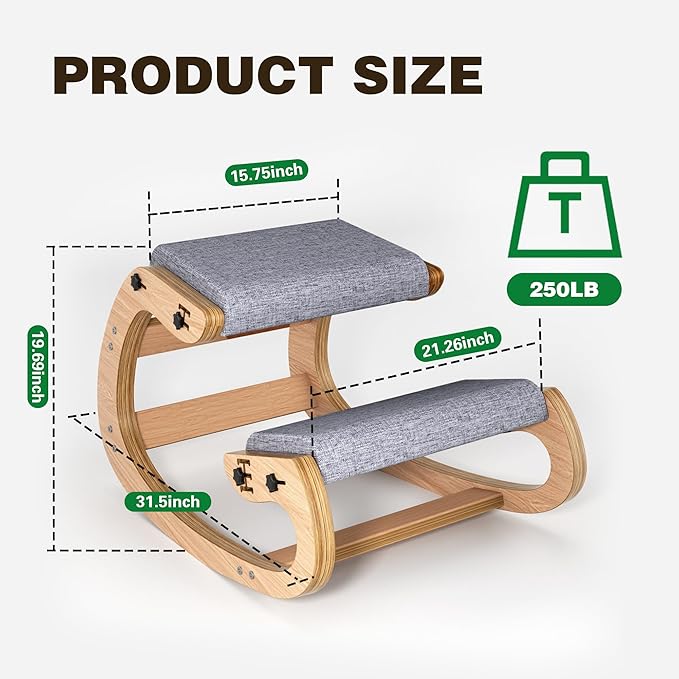 TinyHaven Ergonomic Kneeling Chair with Wooden Frame - Adjustable Height Office Chair with Soft Padding for Back Pain Relief, Posture Correcting Home & Office Desk Chair Wood