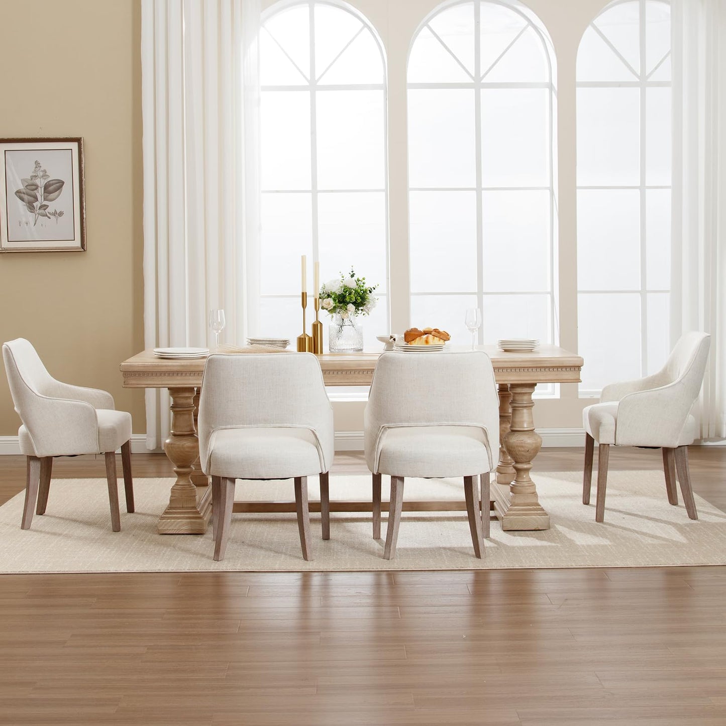 Kmax Linen Fabric Dining Chairs Set of 4 Upholstered Side Chairs Farmhouse Accent Chairs with Open Back Wood Legs for Dining Room Guest Room Restaurant, Cream(Wider Seats)