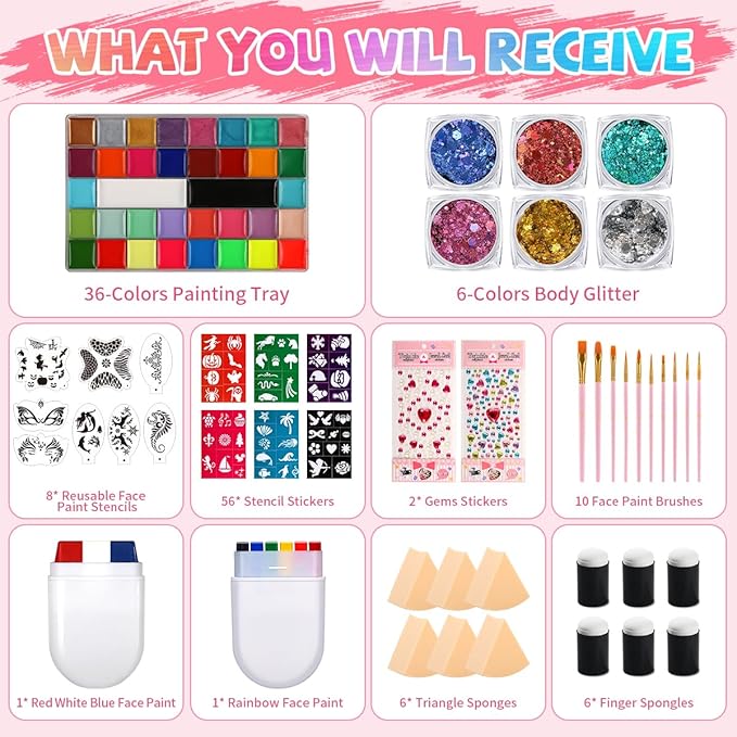 Face Painting Kit Professional Face Body Paint Oil Palette 36 Colors Include 8 UV Glow Colors Brushes Glitter Gel Sponges Facepaint Sticks Gems Stickers For Kids and Adult