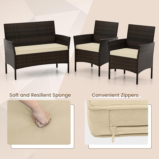 HAPPYGRILL 8 Pieces Outdoor Rattan Conversation Set, Patio Wicker Furniture Set with Loveseat Chairs & Tempered Glass Coffee Table, Outside Sectional Sofa Set for Backyard, Garden & Poolside