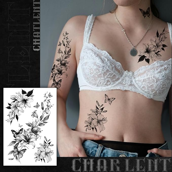 CHARLNET Large Flower Temporary Tattoos for Women - 33 Pcs Realistic Black Flower Rose Fake Tattoos for Women Body Art Arm Chest Legs Shoulder Abdomen