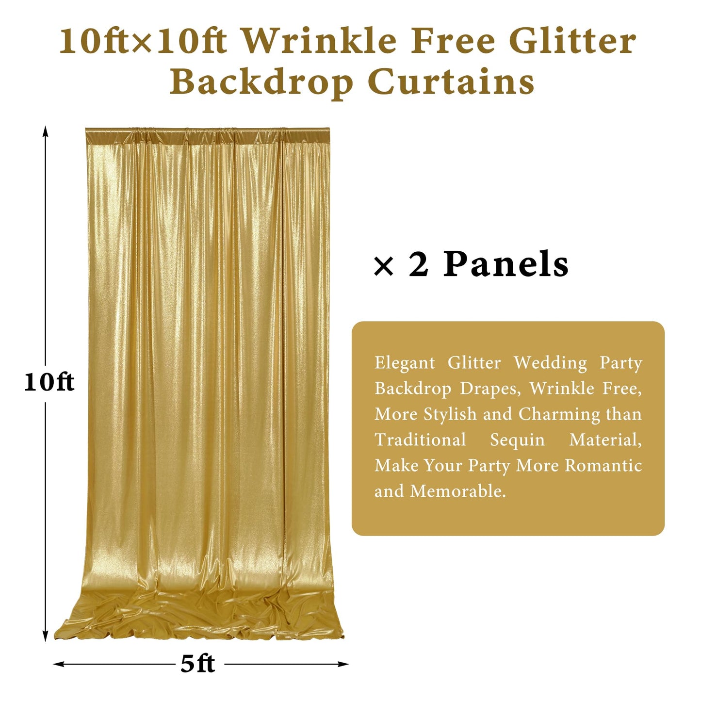 Outpain 10x10ft Gold Sequin Backdrop Curtains -Heavy Duty Gold Photography Backdrops with Non-Shedding Glitter, Wrinkle-Free Stage Drapes for Wedding/Christmas/Studio Shoots (5x10ft 2 Panels)