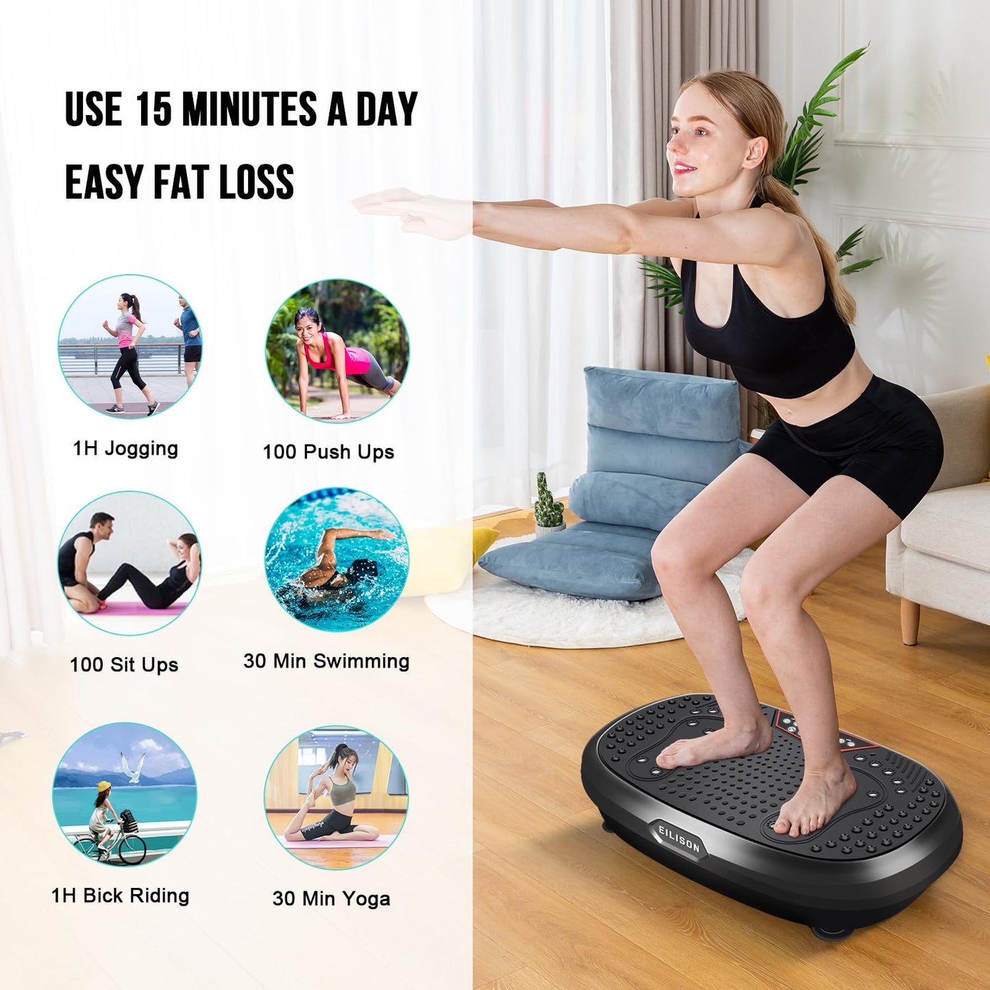 EILISON FitMaxx 3D XL Vibration Plate Exercise Machine - Whole Body Workout Vibration Platform w/Loop Bands - Lymphatic Drainage Machine for Weight Loss, Shaping, Recovery (Fitpro Black)