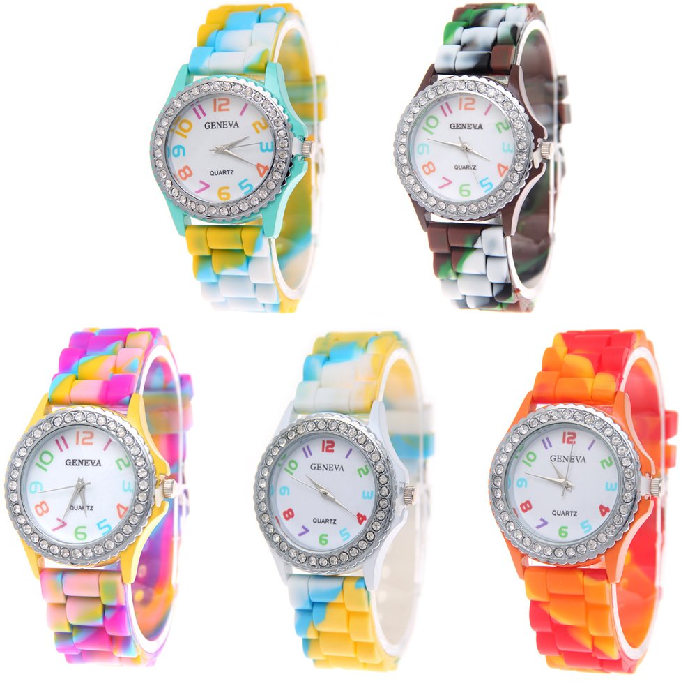 CdyBox 5 Pack Rhinestone Colorful Silicone Jelly Wristwatches for Women Wholesale Watch Set