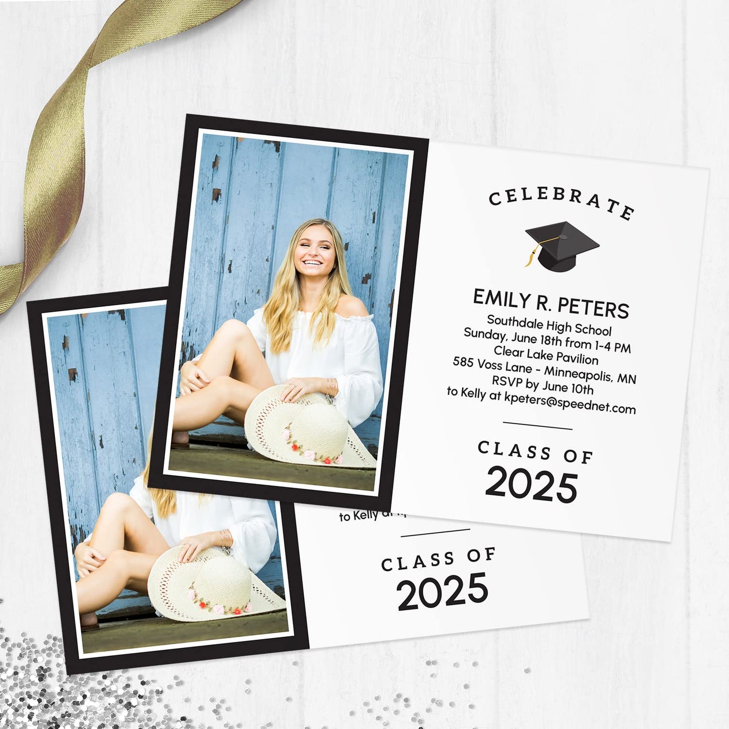 Personalized Graduation Celebrate Photo Invitations / 25 Black And White Custom Graduate Photo Party Invites With White Envelopes / 5" x 7" Flat Modern Grad Cap Invitation/Made In The USA