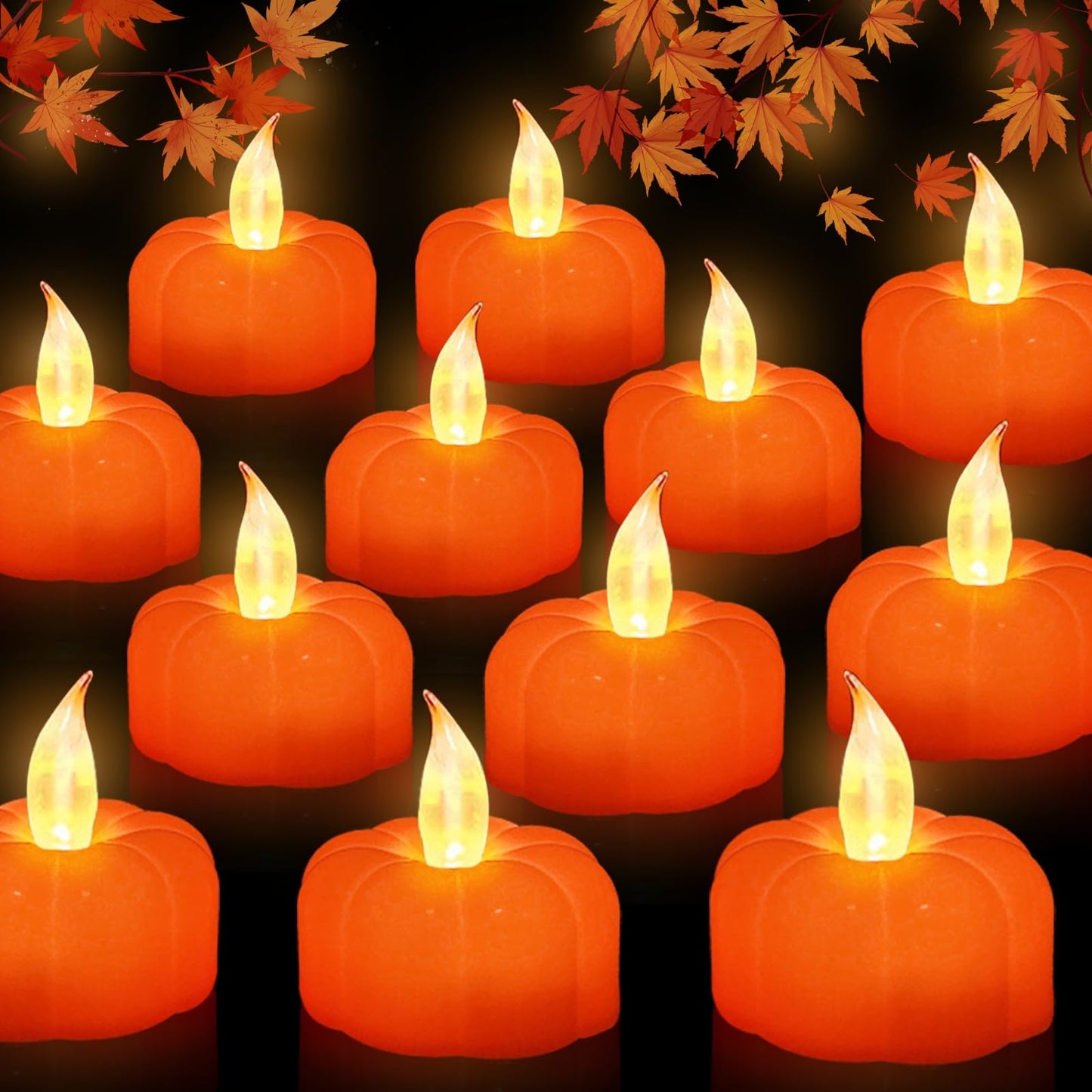 TURNMEON 12 Pack Pumpkin Tea Lights Fall Decorations, LED Orange Pumpkin Lights Flame Less Candles Battery Operated Halloween Pumpkins Flickering Candles for Thanksgiving Table Decor Home Indoor Party