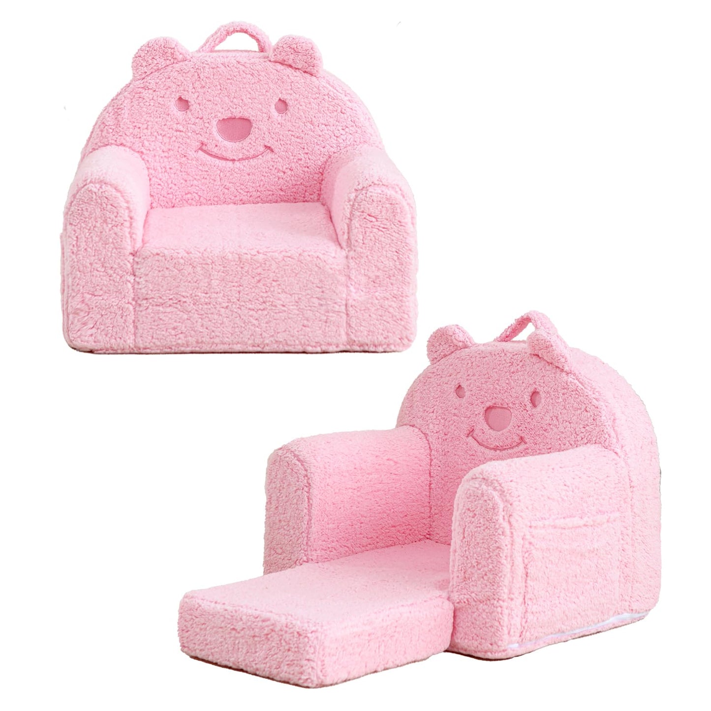 Kisdsa Toddler Chair,Sherpa Bear Kids Chair,Toddler Couch Fold Out,Children Reading Chair,Flip Out Kids Couch,Toddler Sofa Convertible for Age 1-3(Pink Bear)