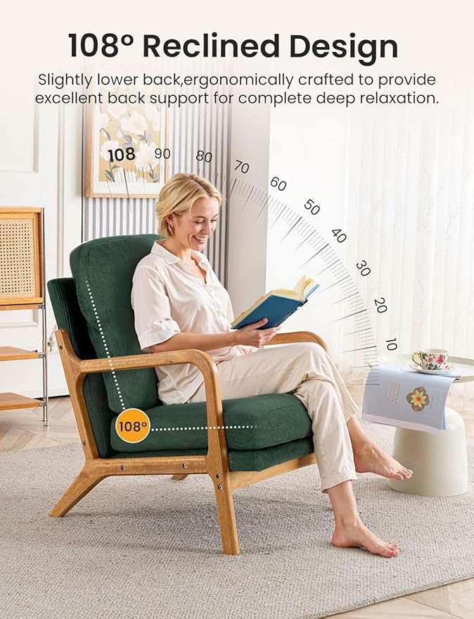 Mid Century Modern Accent Chairs for Living Room, 23” Wide Comfy Chair for Bedroom, Small Cozy Corduroy Reading Chairs for Adults, 108° Lounge Arm Chair Indoor with Detachable Cover, 5.5" Foam Cushion