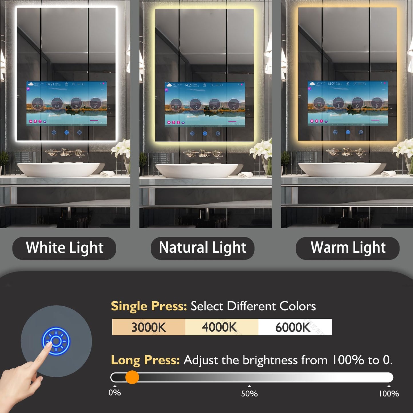 Haocrown 24x32 Inch Bathroom Vanity Mirror with 21.5" Touch Screen Smart System, Side-Lit LED Ambient Lighting, IP66 Waterproof & Anti-Fog, Streaming Apps, Wi-Fi Bluetooth HDMI, Wall Mounted (2026)
