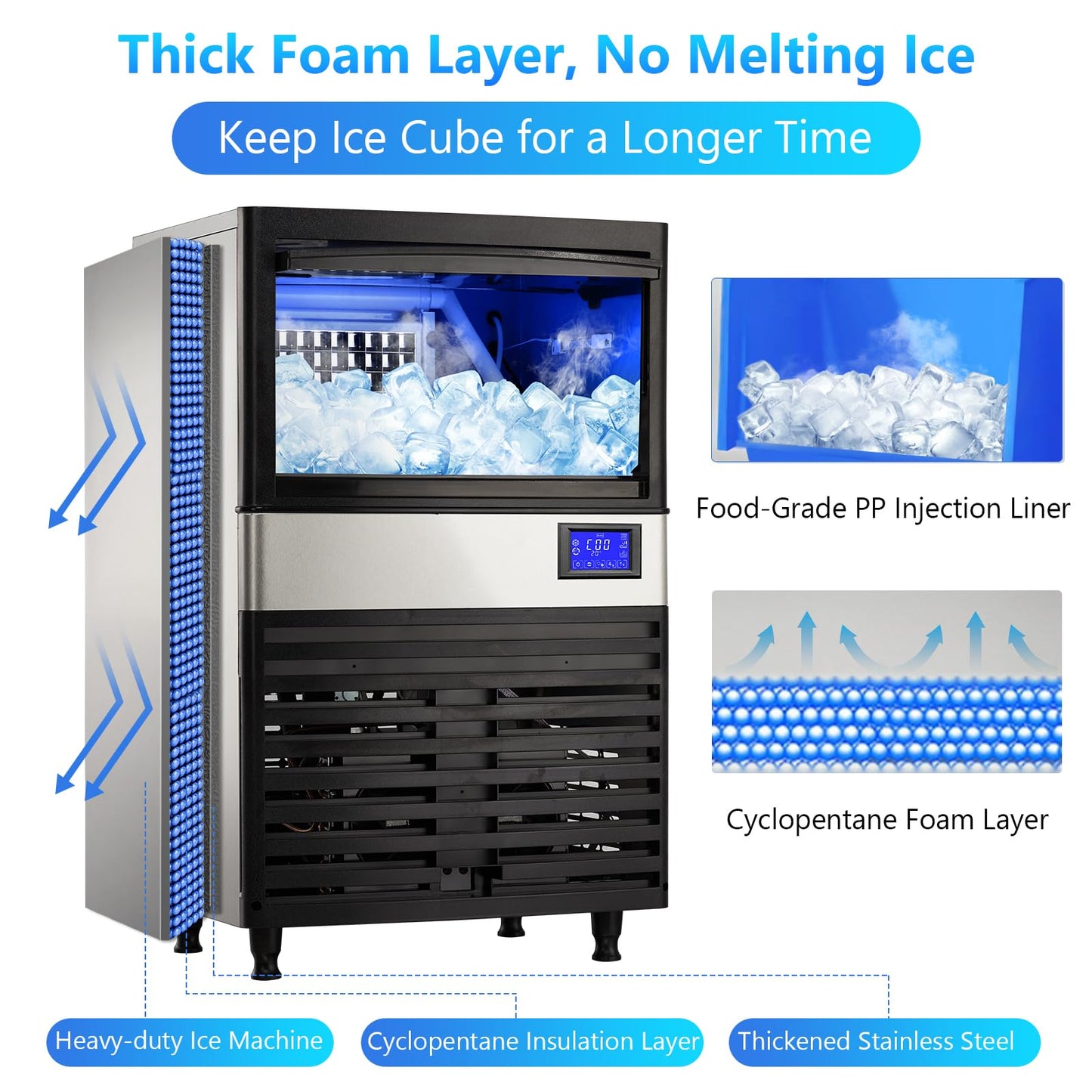 Commercial Ice Maker Machine 110lbs/24h with 27lbs Storage Bin, Stainless Steel Ice Machine with Ice Scoop, Electric Water Drain Pump & Water Filter, Freestanding Ice Machine for Home/Restaurants/Bars