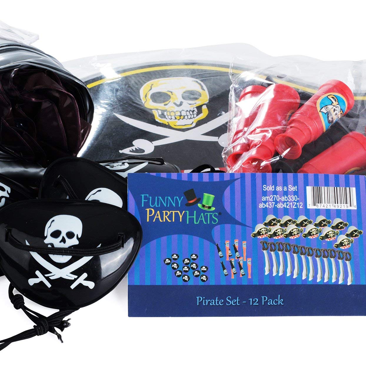 Funny Pirate Party Hats 48 PC Set – Pirate BirthdayParty Favors for Kids - 12 Pirate Hats, 12 Patches, 12 Swords, 12 Telescopes