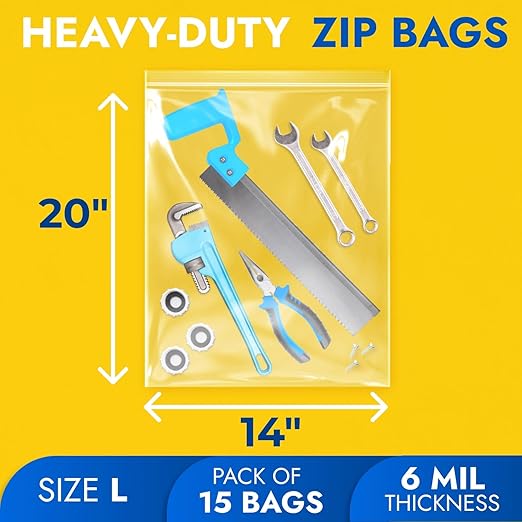 14" x 20" Large Zip Seal Lock Bags, 6 Mil (Pack of 15) – Heavy-Duty Reclosable Plastic Bags – Clear, Resealable, Waterproof – For Storing and Organizing Clothes, Jewelry, and Travel Items