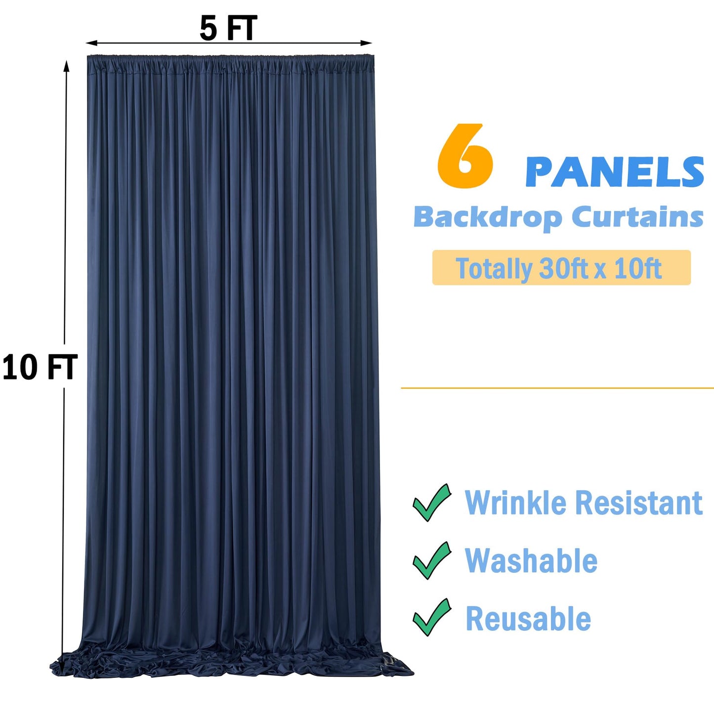 30ftx10ft Navy Blue Backdrop Curtains for Party Background, Wrinkle Free 6 Panels Navy Photo Backdrop Drapes Back Drop Cloth for Wedding Birthday Photography Baby Shower Decor